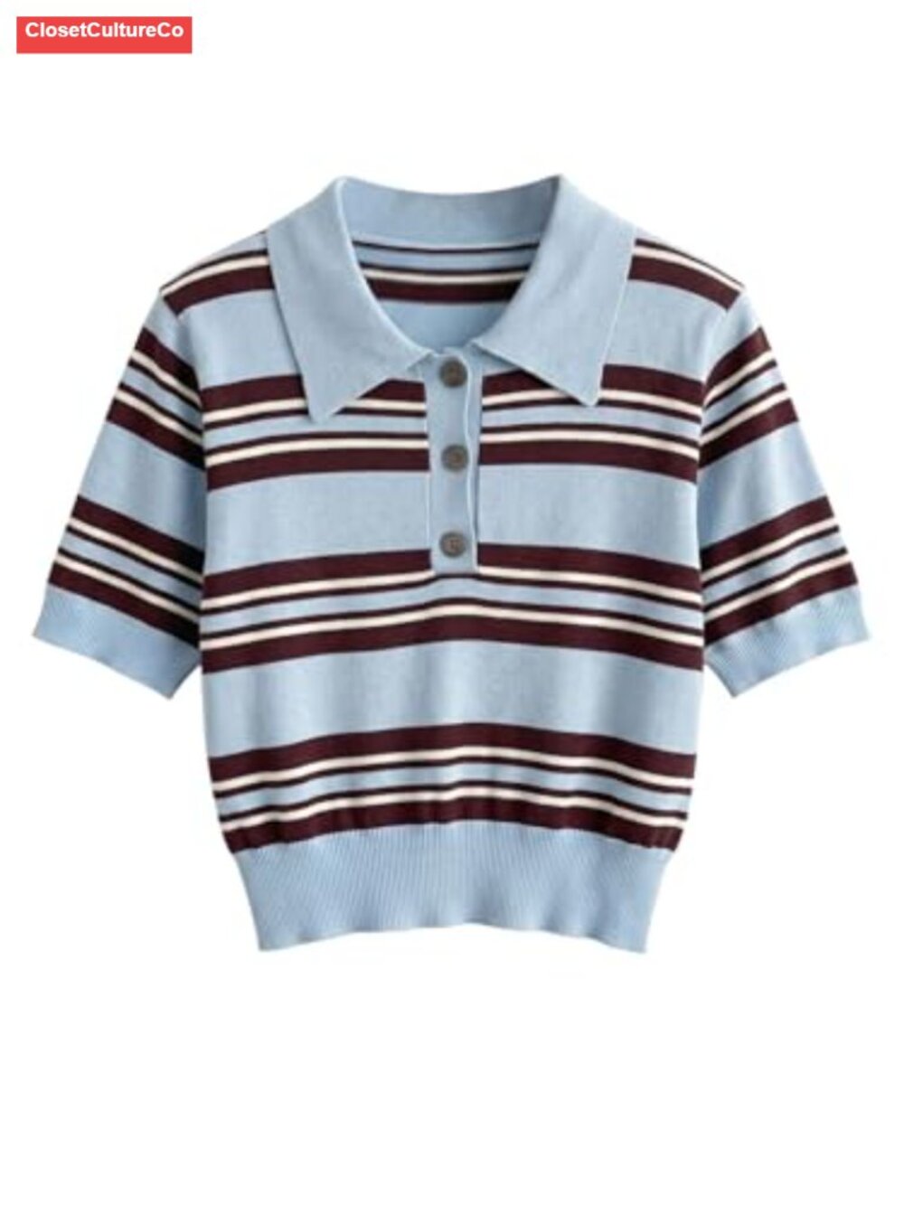 Women's Striped Button Down Collared Ribbed Knit Crop Top